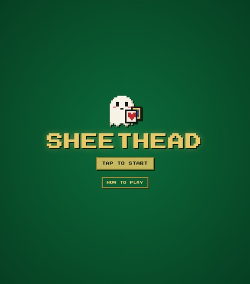 Sheethead title screen: a pixel-art bedsheet ghost holding cards